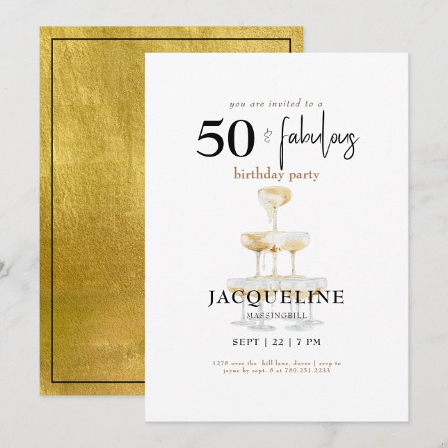 Modern 50 & Fabulous Champagne Birthday Party III Invitation (Front/Back)
