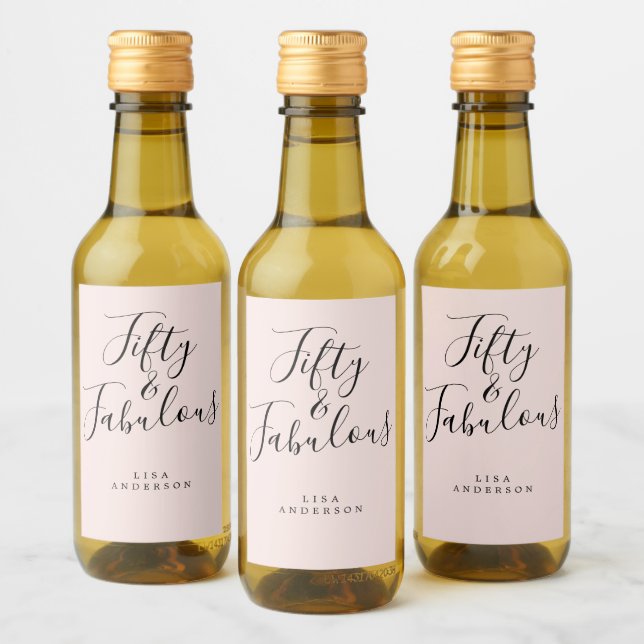 Modern 50 Fabulous Pink Custom Name 50th Birthday Wine Label (Bottles)