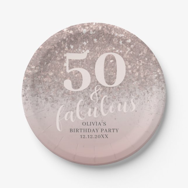 Modern 50 & Fabulous Pink Glitter Birthday  Paper Plate (Front)