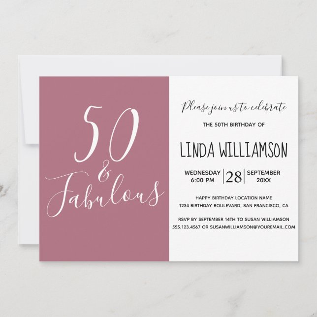 Modern 50 Fabulous Purple Cassis 50th Birthday Invitation (Front)