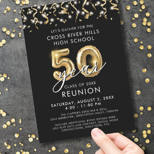 Modern 50 Year Class Reunion Black Gold Streamers Invitation