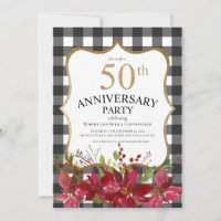 Modern 50th Anniversary Buffalo Plaid Red Floral