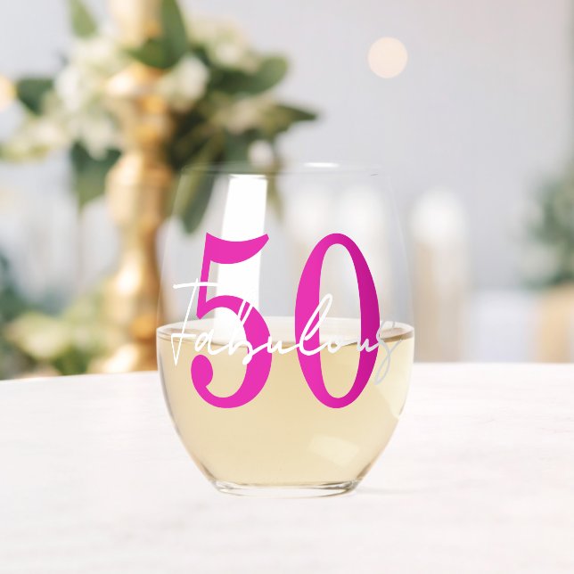 Modern 50th Birthday 50 and Fabulous Party Stemless Wine Glass (Insitu (Wedding))