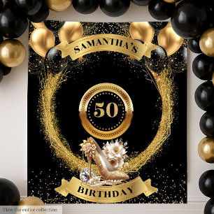 Modern 50th Birthday Banner Blush Black Gold Heels Tapestry