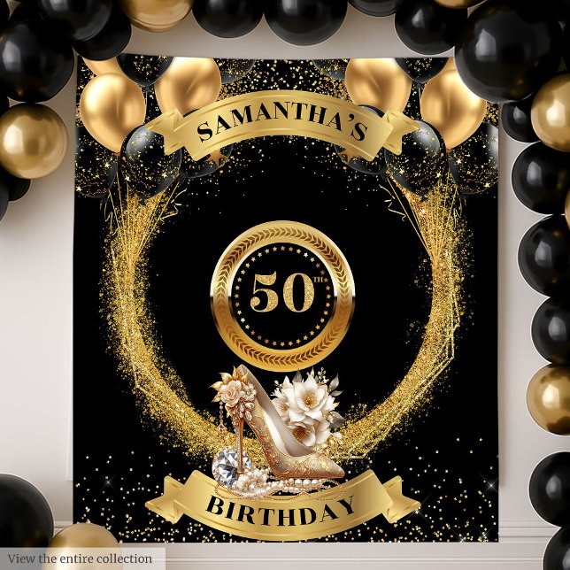 Modern 50th Birthday Banner Blush Black Gold Heels Tapestry (Modern 50th Birthday Banner Blush Black Gold Heels Tapestry)