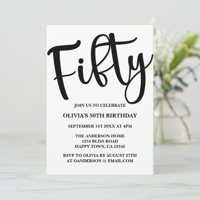 Modern 50th Birthday Black and White  Invitation (Standing Front)