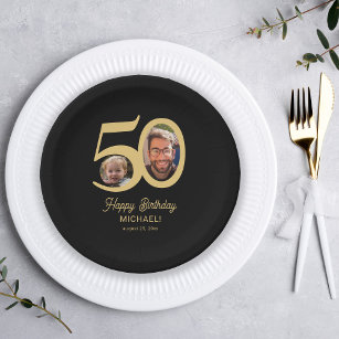 Modern 50th birthday black gold photo paper plate