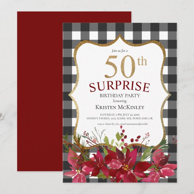Modern 50th Birthday Black Red Floral Glitter Invitation (Front/Back)