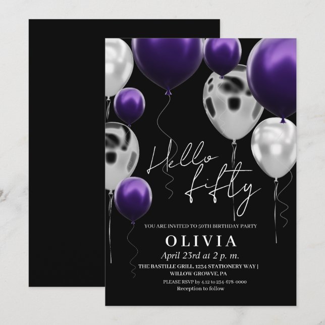 Modern 50th Birthday Black Silver Purple Balloons  Invitation (Front/Back)