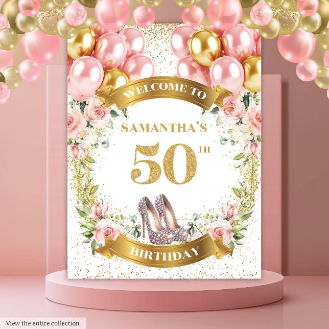 Modern 50th Birthday Blush Flowers Glitter Banner Tapestry (Modern 50th Birthday Blush Flowers Glitter Banner Tapestry)