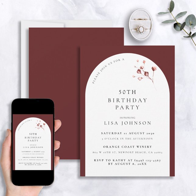 Modern 50th Birthday Burgundy Arch Botanical Invitation (Creator Uploaded)
