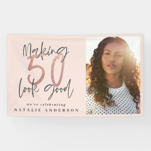 Modern 50th birthday chic typography rose gold banner