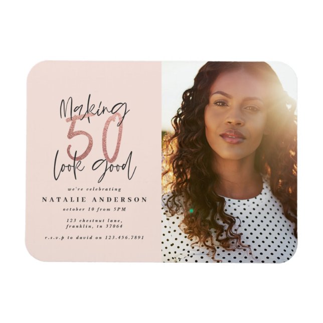 Modern 50th birthday chic typography rose gold magnet (Horizontal)