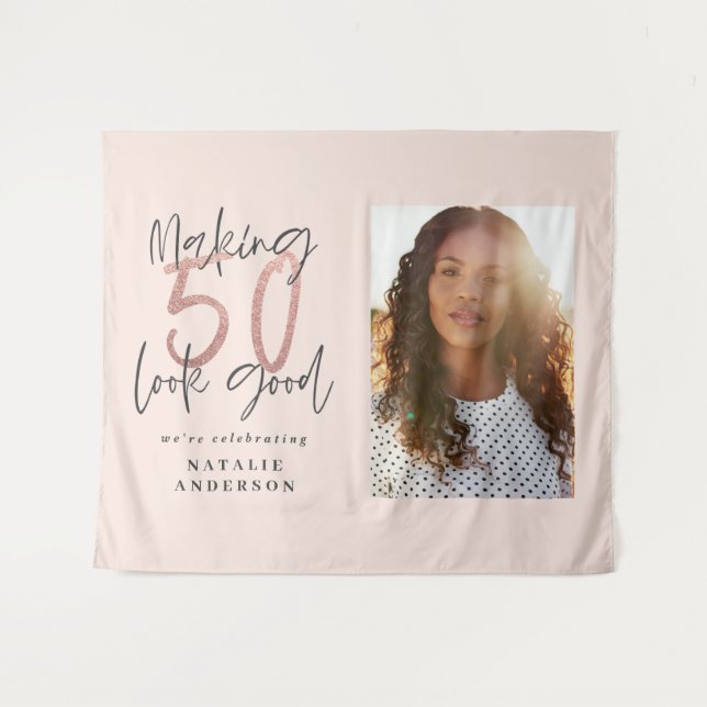 Modern 50th birthday chic typography rose gold tapestry (Front (Horizontal))