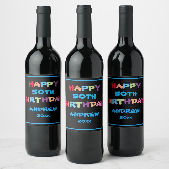 Modern 50th Birthday Custom Colourful Cute Wine Label (Bottles)