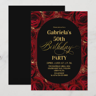 Modern 50th Birthday Elegant Black Gold Floral Invitation