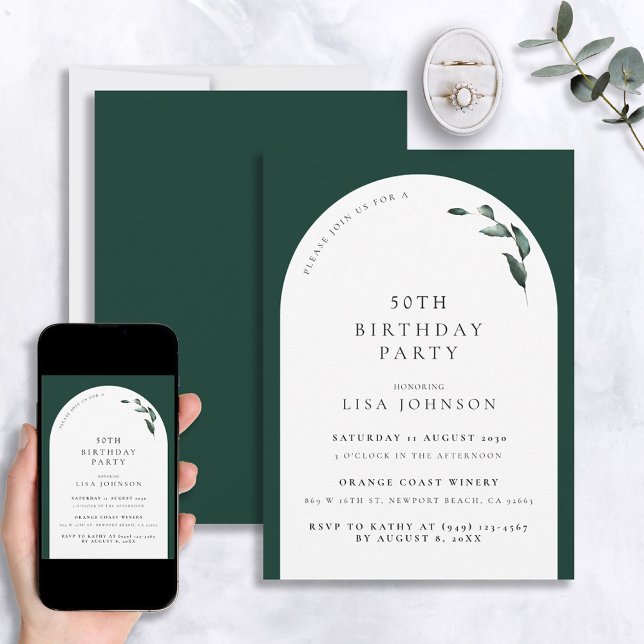 Modern 50th Birthday Emerald Green Arch Botanical Invitation (Creator Uploaded)