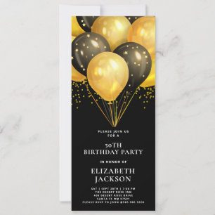 Modern 50TH Birthday Gold Black Balloons Black Invitation