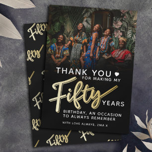 Modern 50th birthday gold black fifty script text  thank you card