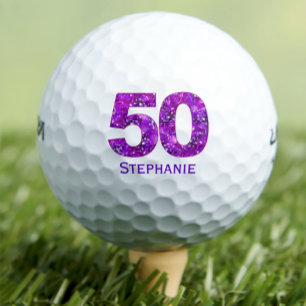 Modern 50th birthday golf balls purple initials