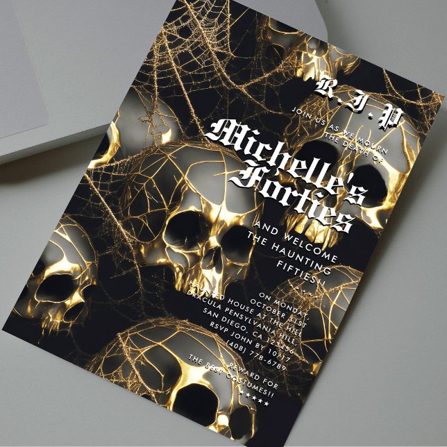 Modern 50th Birthday Halloween Black Gold Skull  Invitation (Modern 50th Birthday Halloween Black Gold Skull Invitation
)