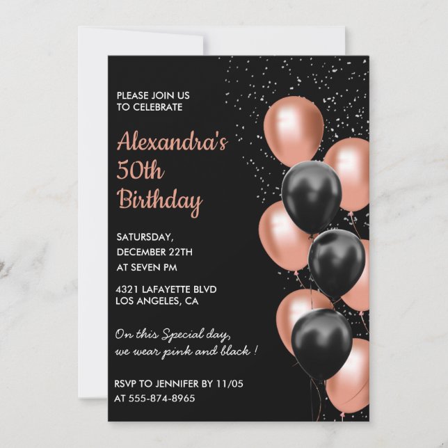 Modern 50th birthday invitation Balloon Black Pink (Front)