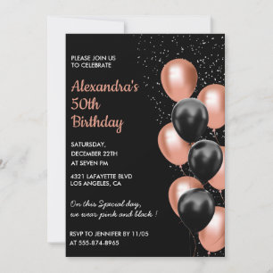 Modern 50th birthday invitation Balloon Black Pink