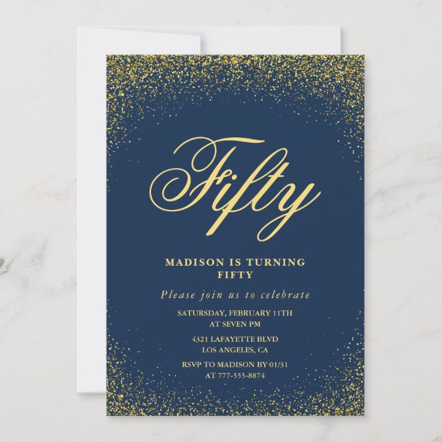 Modern 50th birthday invitation Gold Navy Glitter  (Front)