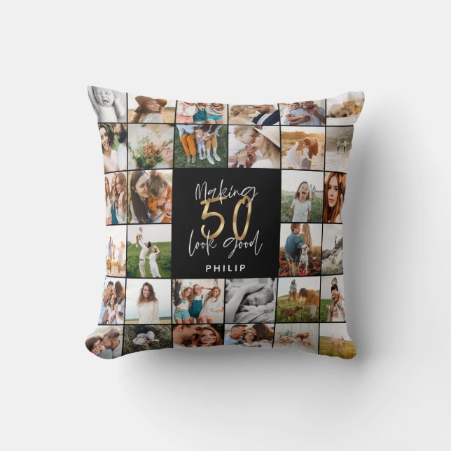 Modern 50th birthday multi photo script gift cushion (Front)