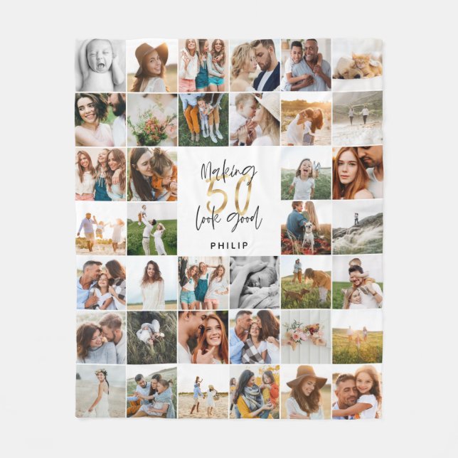 Modern 50th birthday multi photo script gift fleec fleece blanket (Front)