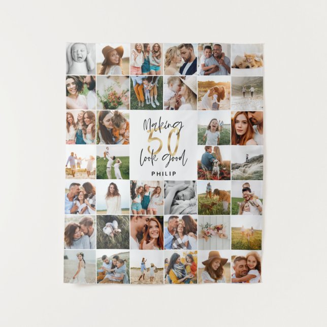 Modern 50th birthday multi photo script gift fleec tapestry (Front)