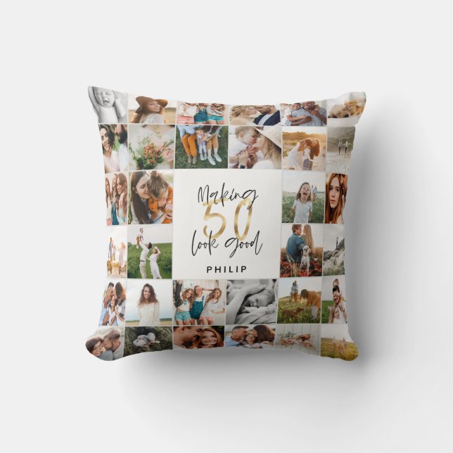 Modern 50th birthday multi photo script gift throw cushion (Front)