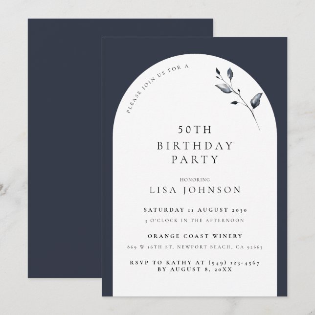 Modern 50th Birthday Navy Blue Arch Botanical Invitation (Front/Back)