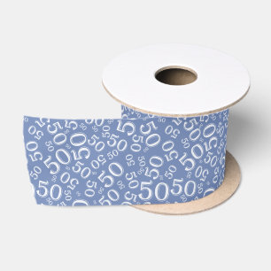 Modern 50th Birthday Number Pattern Blue/White Satin Ribbon