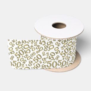 Modern 50th Birthday Number Pattern Gold/White Satin Ribbon
