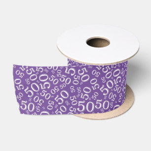 Modern 50th Birthday Number Pattern Purple/White Satin Ribbon