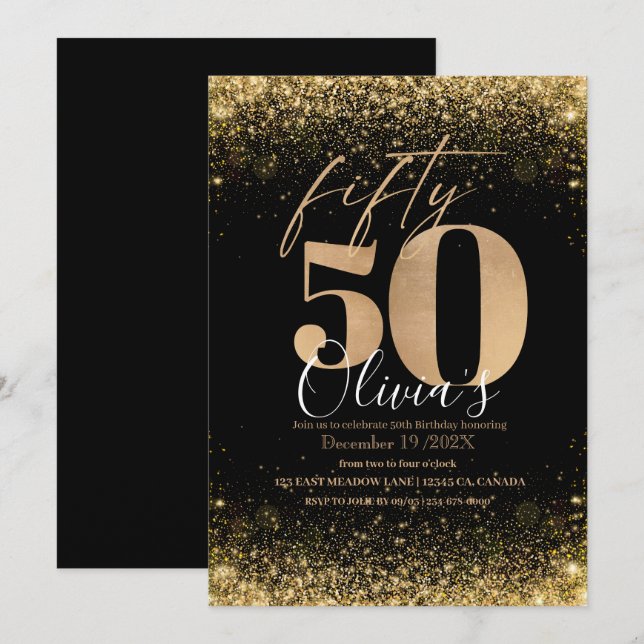 Modern 50th Birthday Party Black Gold Glitter Invitation (Front/Back)