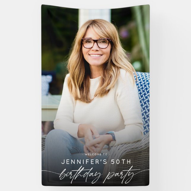 Modern 50th Birthday Party Photo Script Typography Banner (Vertical)