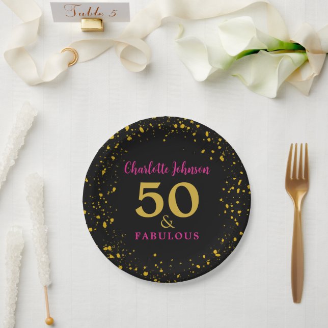 Modern 50th Birthday Party Pink Black Gold Paper Plate (Wedding)