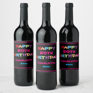 Modern 50th Birthday Personalised Name Colourful Wine Label