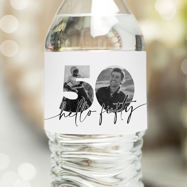 Modern 50th Birthday Photo Water Bottle Label (Creator Uploaded)