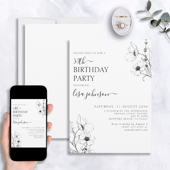 Modern 50th Birthday Script Black White Floral Invitation (Creator Uploaded)