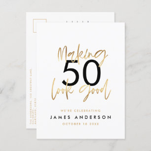 Modern 50th birthday simple stylish elegant script invitation postcard