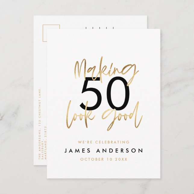 Modern 50th birthday simple stylish elegant script invitation postcard (Front/Back)