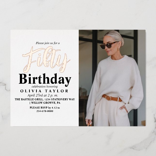 Modern 50th Birthday White Black Photo Fifty (Front)