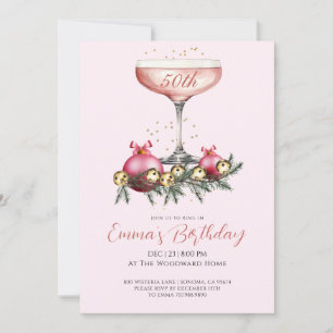 Modern 50th Christmas Birthday Party Blush Pink Invitation