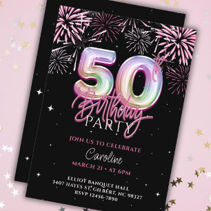 Modern 50th Pink Foil Balloon Fireworks Birthday Invitation