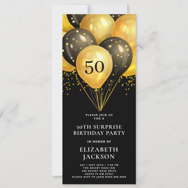 Modern 50TH Surprise Birthday Gold Black Balloons  Invitation (Front)