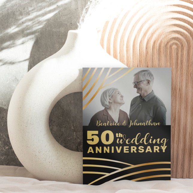 Modern 50th Wedding Anniversary Black & Gold Photo Invitation (Creator Uploaded)