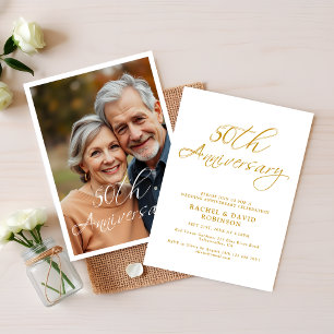 Modern 50th Wedding Anniversary Gold Script Photo Invitation